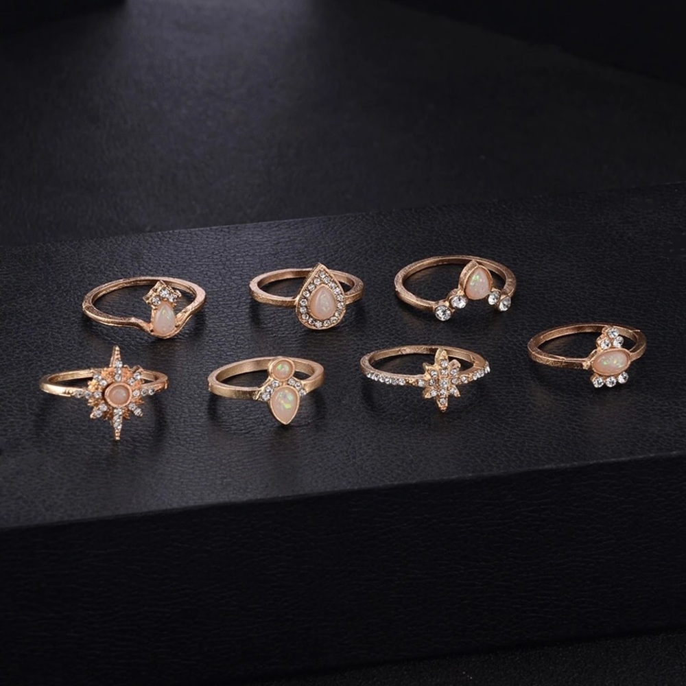 16 Pcs Boho Gypsy Gold, Crystal & Opal Ring Set - Picture 5 of 14